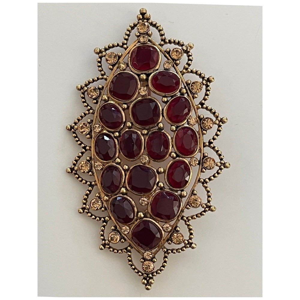 Vintage Monet Ruby Red Rhinestone Gold Tone Ornate Oval Statement Brooch Pin